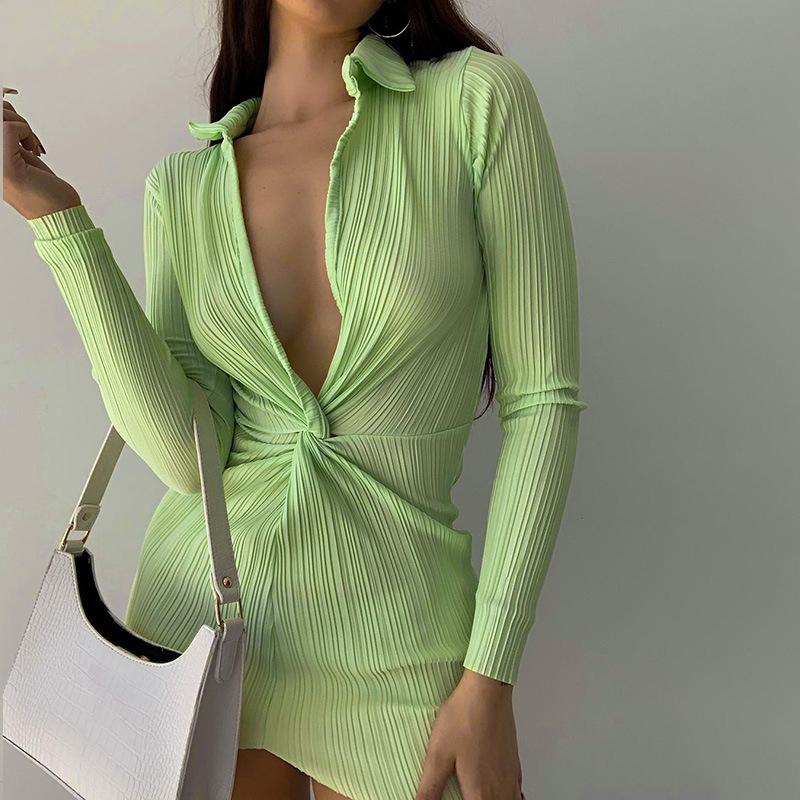 Sexy Polo Neckline Long Sleeves Mini Dresses-Dresses-Green-S-Free Shipping at meselling99