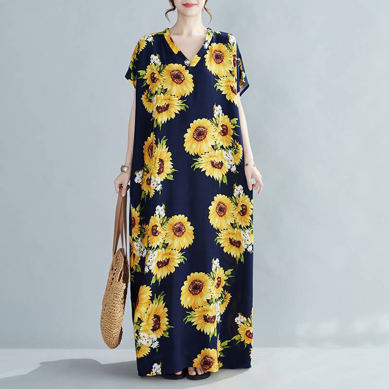 Women Summer Plus Sizes Long Dresses-Dresses-Yellow Flower-One Size (50-120 kg)-Free Shipping at meselling99