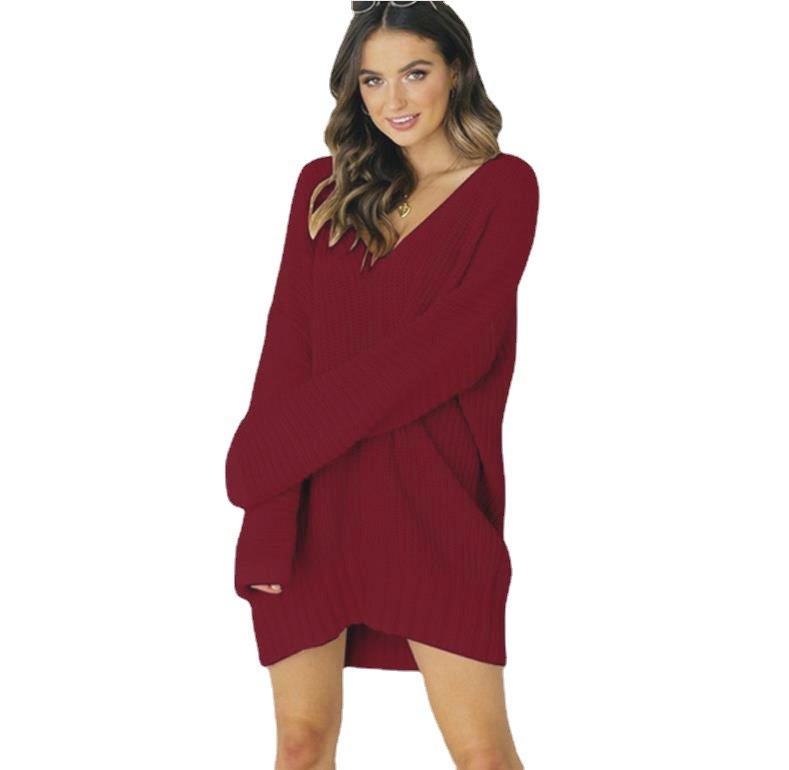 Fashion Loose V Neck Long Knitted Sweaters-Dresses-Wine Red-S-Free Shipping at meselling99