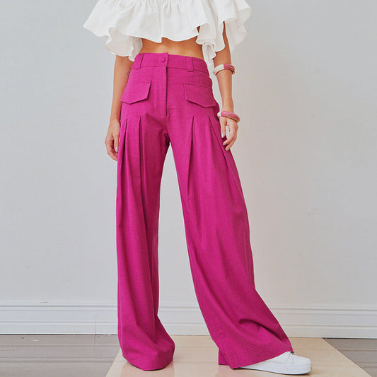 Rose Red High Waist Wide Legs Pants for Women-Pants-Free Shipping at meselling99