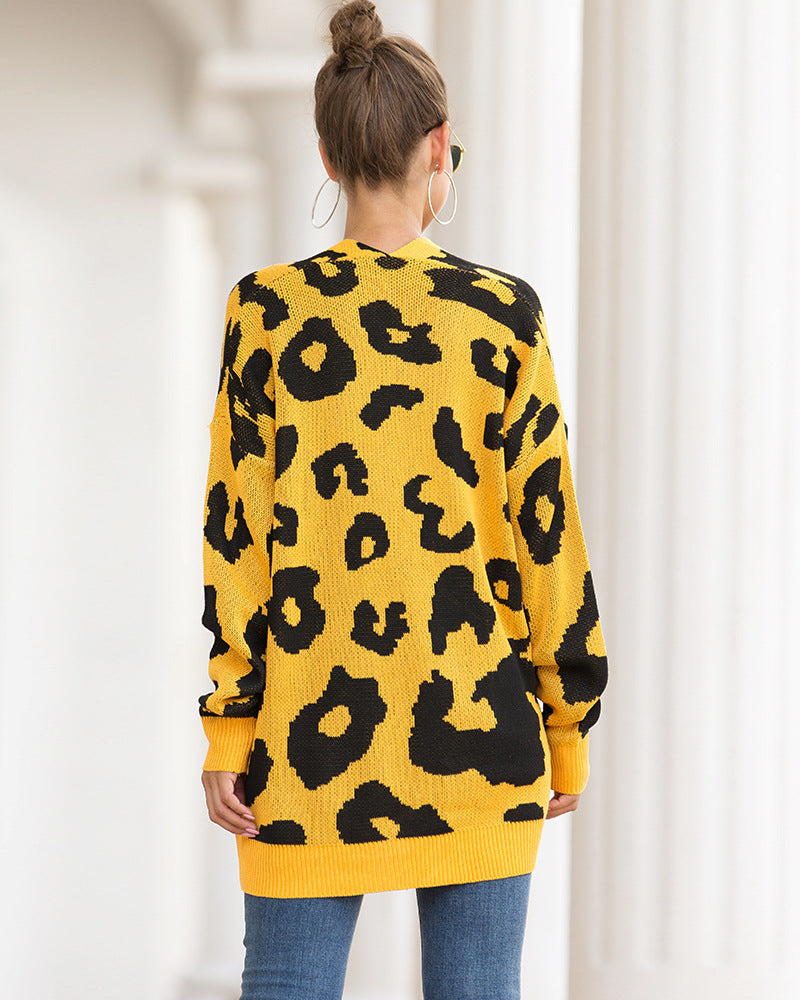 Women Leopard Design Pockets Knitting Cardigans-Shirts & Tops-Free Shipping at meselling99