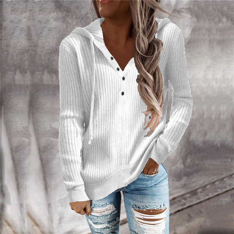 Women Casual Knitted V Neck Hoodies Sweaters-Shirts & Tops-White-S-Free Shipping at meselling99