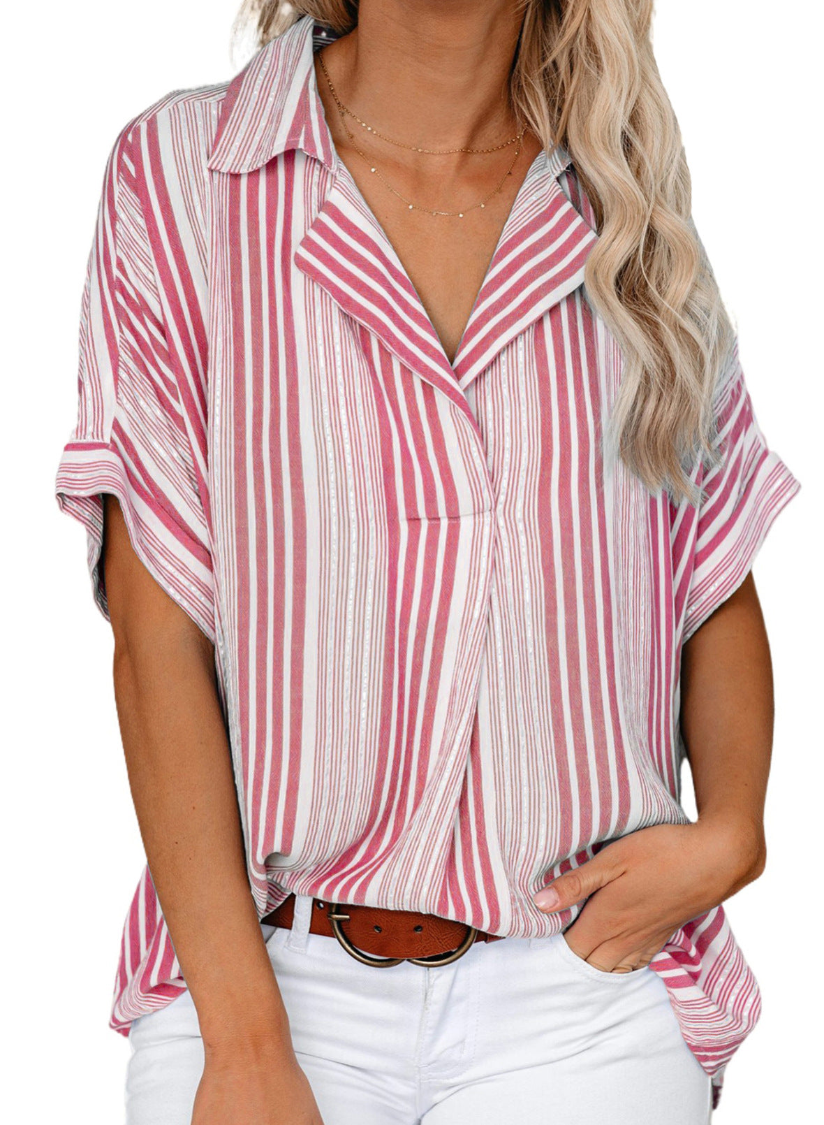 Casual Summer Short Sleeves Shirts for Women-Shirts & Tops-Pink-S-Free Shipping at meselling99