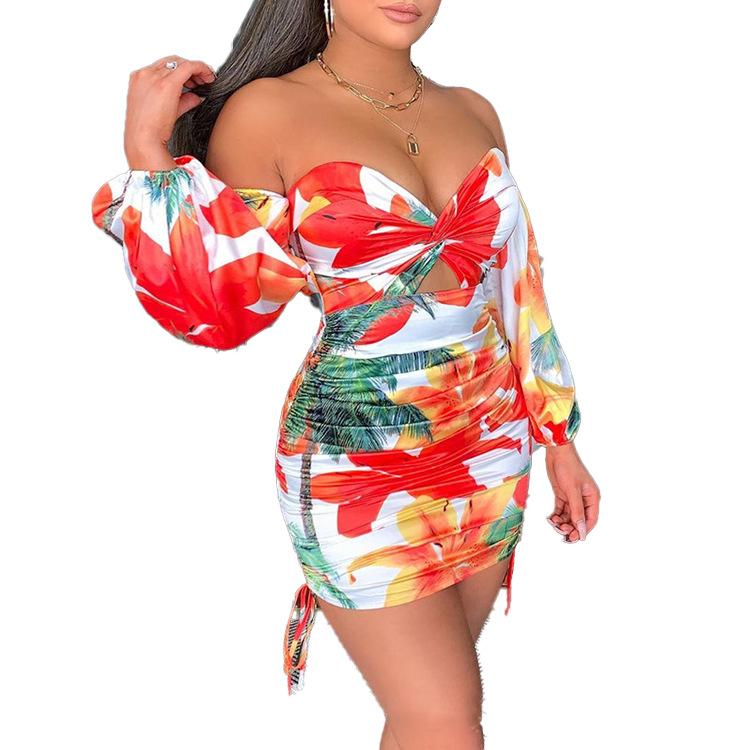 Sexy Long Sleeves One Shoulder Floral Print Mini Short Dresses-Sexy Dresses-Orange-S-Free Shipping at meselling99