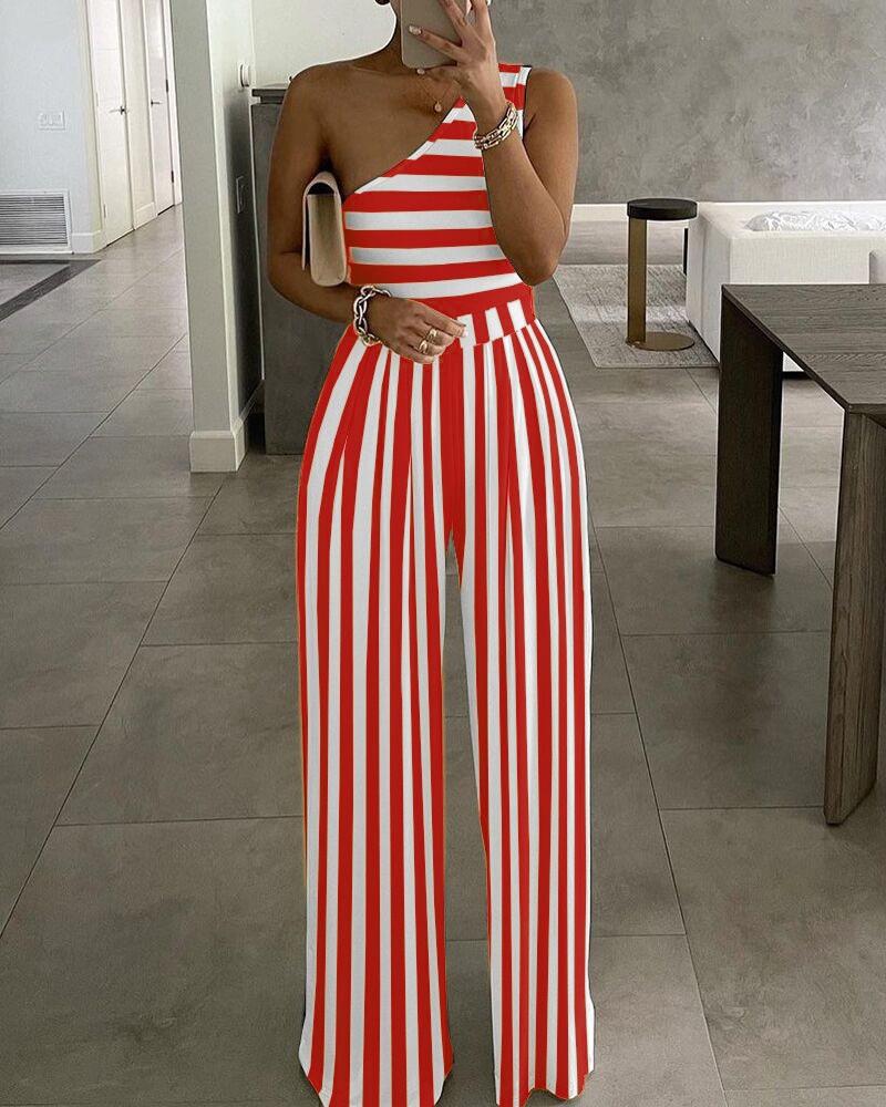 Hot Selling Simple One Shoulder Cozy Jumpsuits-Red Stripe-S-Free Shipping at meselling99