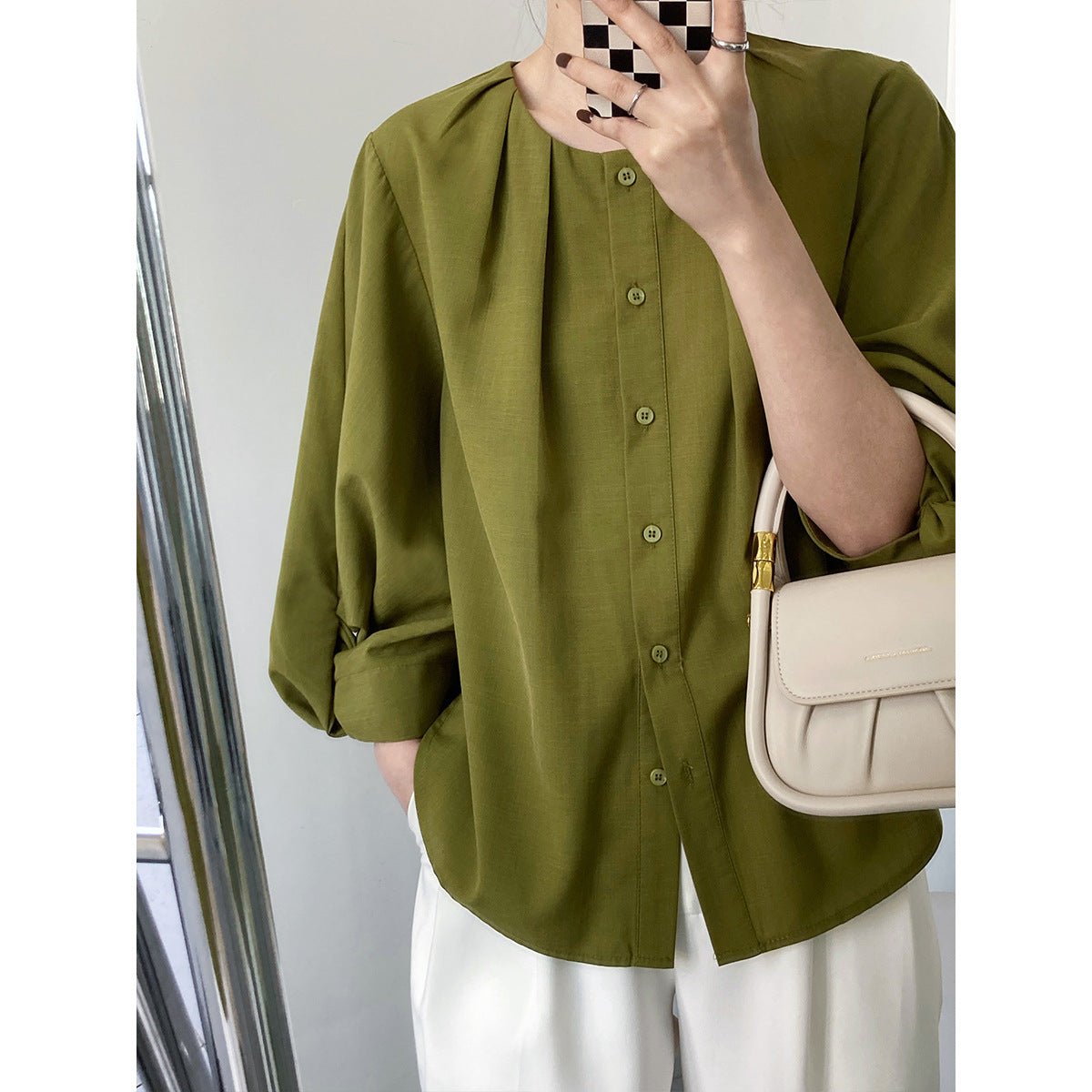 Elegant Linen Women Long Sleeves Blouses Shirts-Shirts & Tops-Green-M-Free Shipping at meselling99