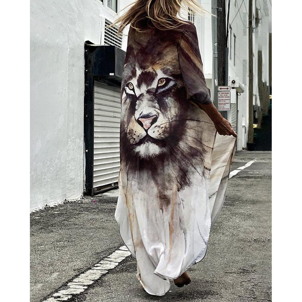 New Women Lion Print Long Summer Cover Ups-Gray-S-Free Shipping at meselling99