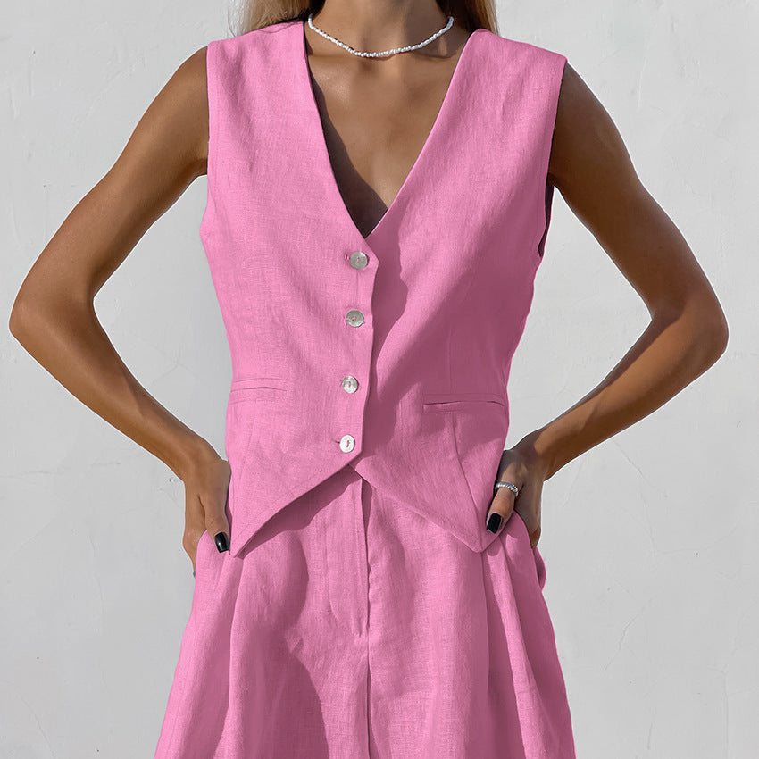 Designed Linen Cotton Summer Sleeveless Tops and Shorts Sets-Suits-Pink-S-Free Shipping at meselling99