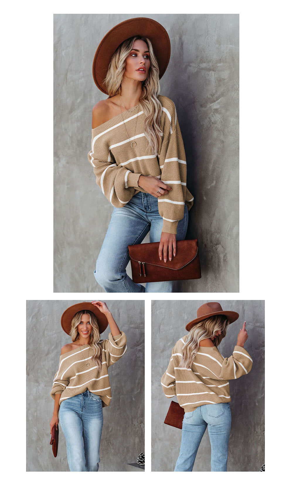 Women Off The Shoulder Striped Knitted Pullover Sweaters-Shirts & Tops-Free Shipping at meselling99