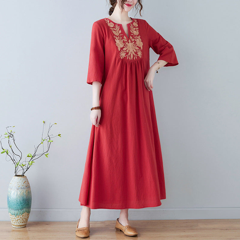 Bohemian Linen Summer Long Dresses-Dresses-Red-M-Free Shipping at meselling99