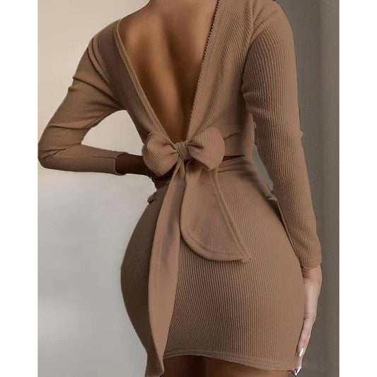 Sexy Bow Backless Knitted Mini Dresses-Dresses-Coffee-S-Free Shipping at meselling99