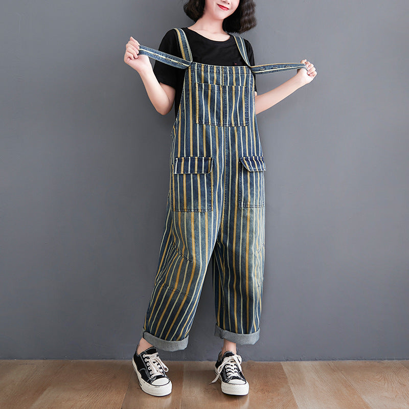 Plus Sizes Striped Pocket Demin Jumpsuits--Free Shipping at meselling99