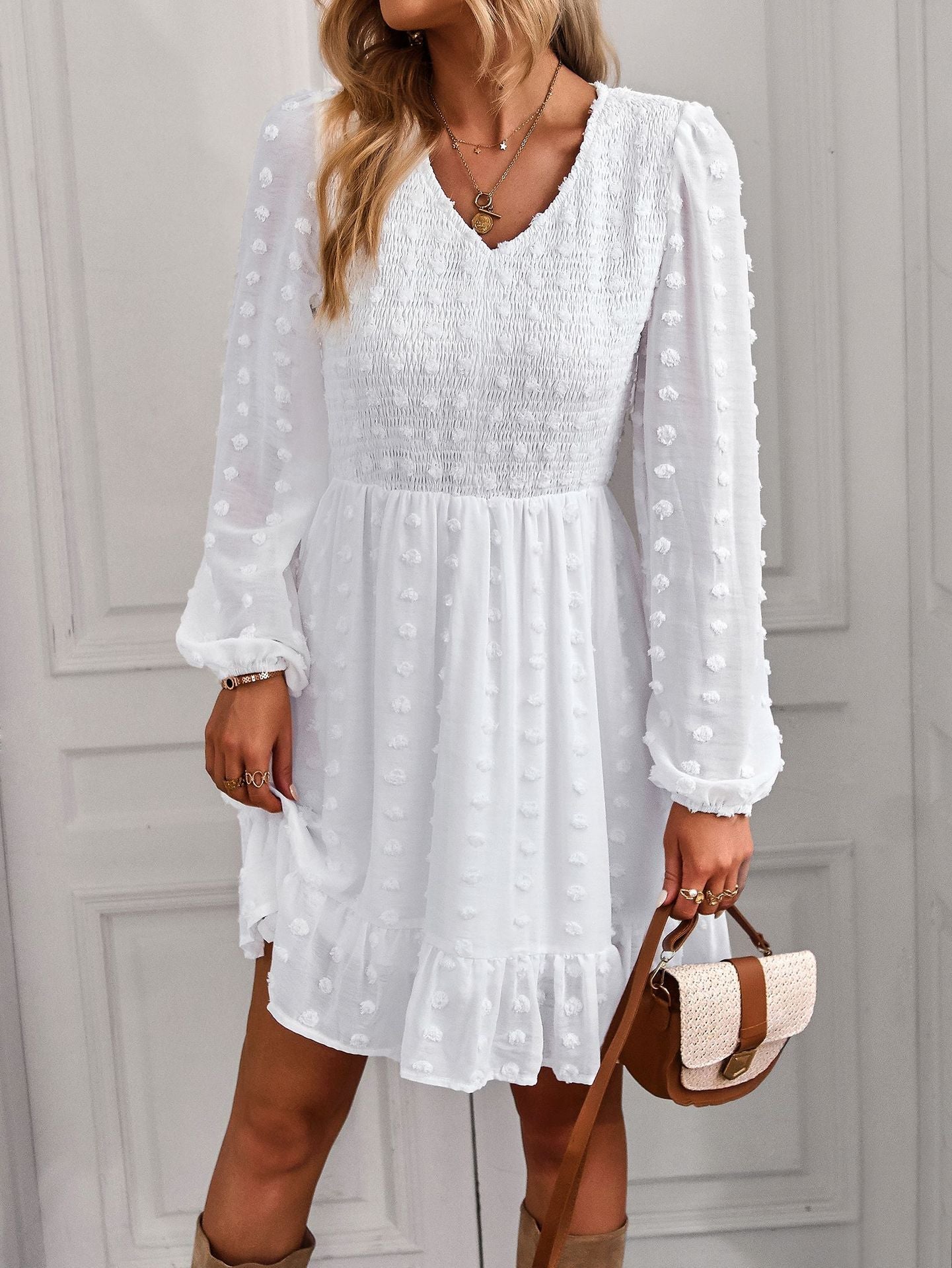 Casual Long Sleeves Short Daily Dresses-Dresses-White-S-Free Shipping at meselling99