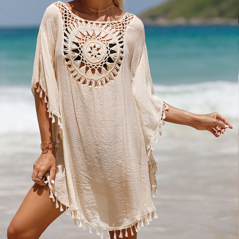 Summer Crochet Tassels Short Beach Cover Ups-Swimwear-Apricot-One Size-Free Shipping at meselling99
