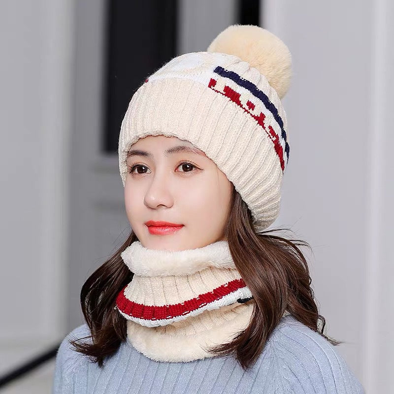 Women Fleeced Lined Knitted Warm Hats+Scarfs-Hats-Ivory-56-60cm-Free Shipping at meselling99