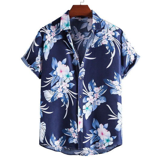 Blue Floral Print Men's Summer Short Sleeves T Shirts-Shirts & Tops-The same as picture-S-Free Shipping at meselling99