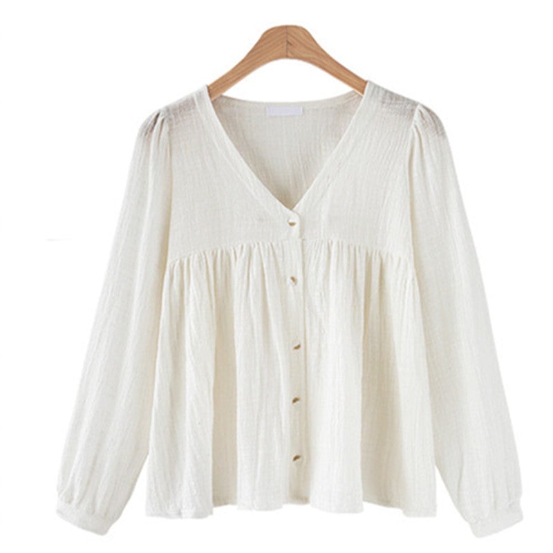 Casual Linen Long Sleeves Spring Tops-Shirts & Tops-White-M-Free Shipping at meselling99