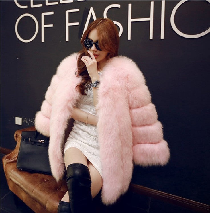 Artificial Fox Fur Women Winter Overcoat-Outerwear-Pink-S-Free Shipping at meselling99