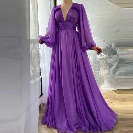 Purple High Waist V Neck Long Mesh Dresses-Maxi Dresses-Free Shipping at meselling99