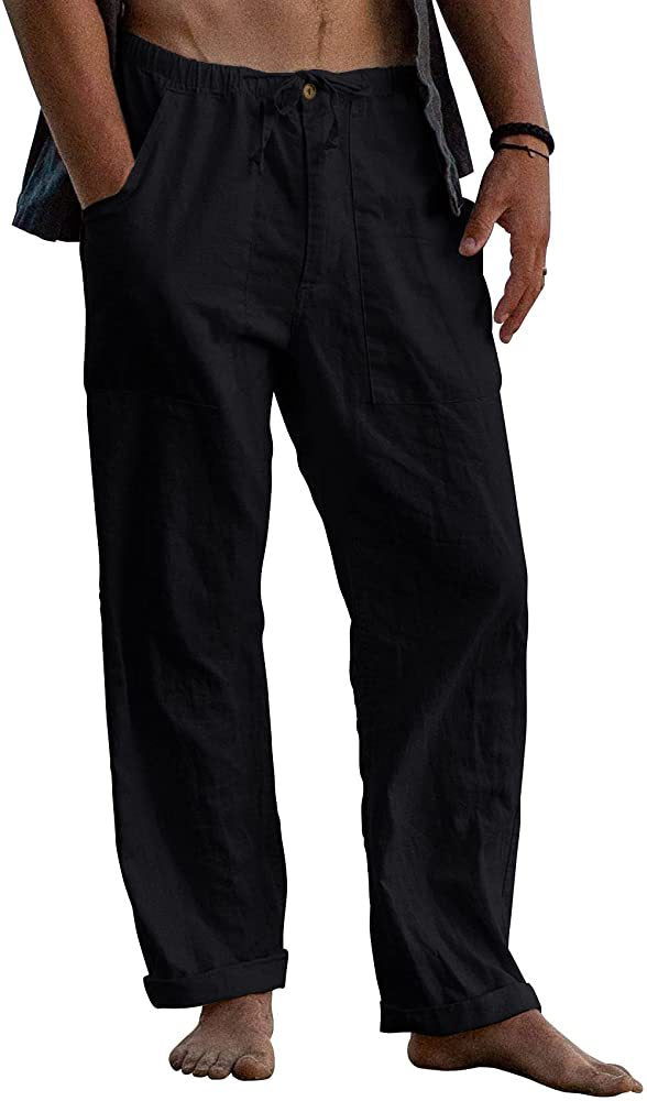 Casual Linen Men's Summer Beach Pants with Elastic Waist-Pants-Black-S-Free Shipping at meselling99