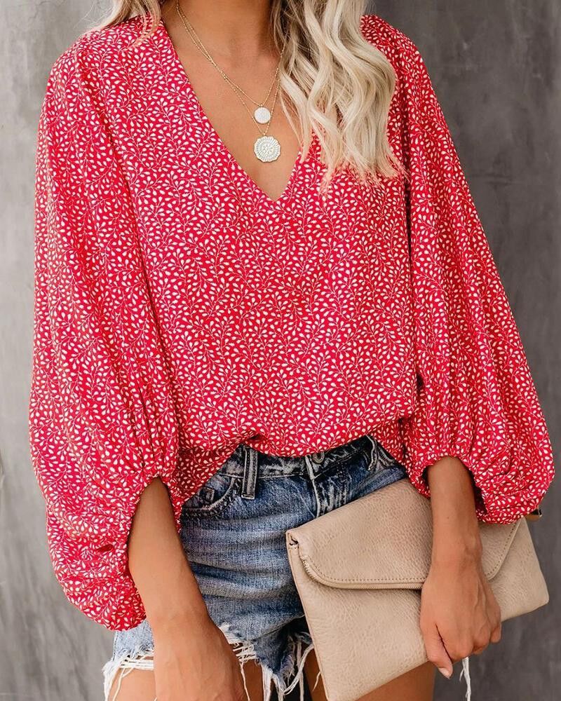 Women V Neck Shirts Blouses Tops-Red Flower-S-Free Shipping at meselling99