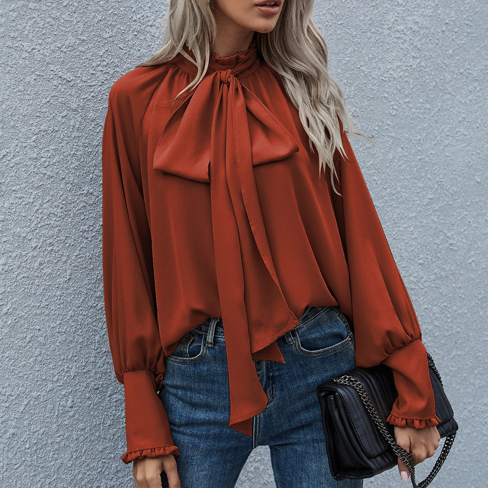 Casual High Neck Long Sleeves Blouses-Shirts & Tops-Wine Red-S-Free Shipping at meselling99