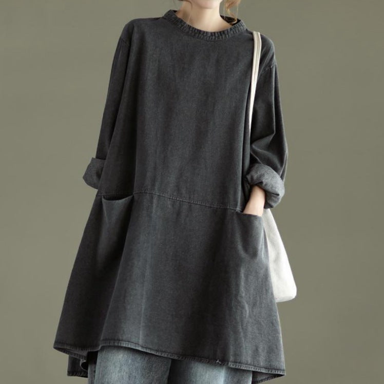Vintage Plus Sizes Long Sleeves Women Denim Tops-Dark Gray-L-Free Shipping at meselling99