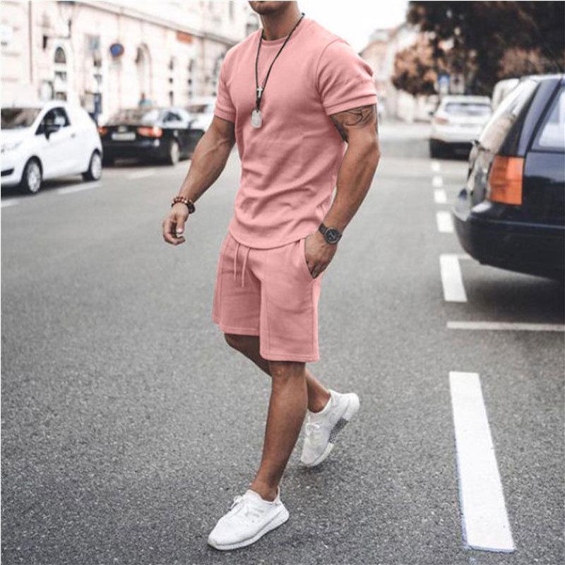 Men's Short Sleeves T-shirts&Pants Suits-Men Suits-Pink-S-Free Shipping at meselling99