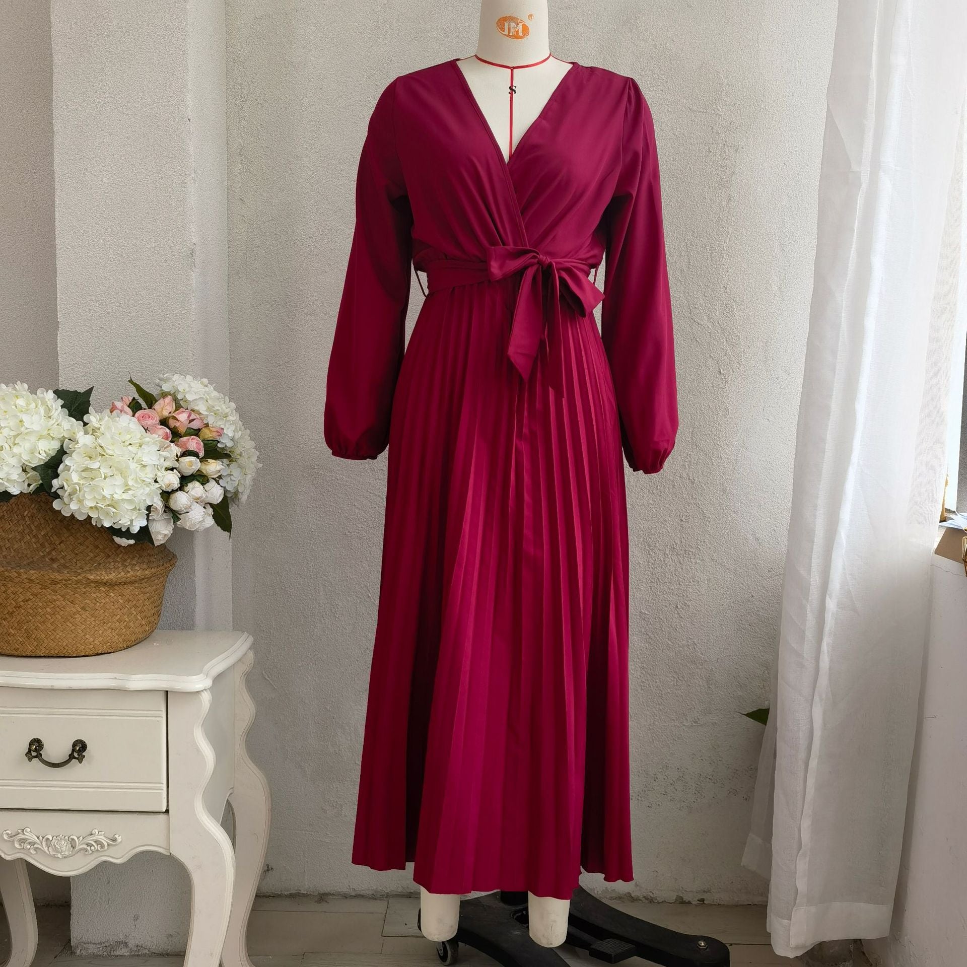 Classy V Neck Long Sleeves Midi Dresses-Dresses-Red-S-Free Shipping at meselling99