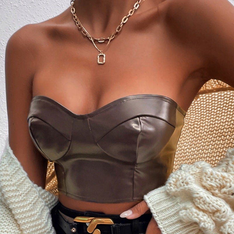 Sexy Strapless Midriff Baring Short Tops-Shirts & Tops-Coffee-XS-Free Shipping at meselling99