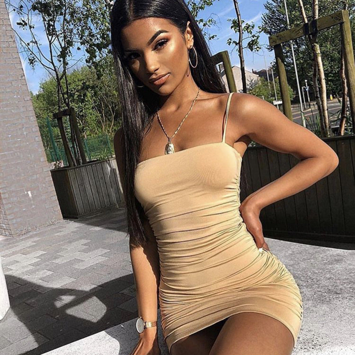 Sexy Pleated Bodycon Party Dressses-Sexy Dresses-Khaki-S-Free Shipping at meselling99