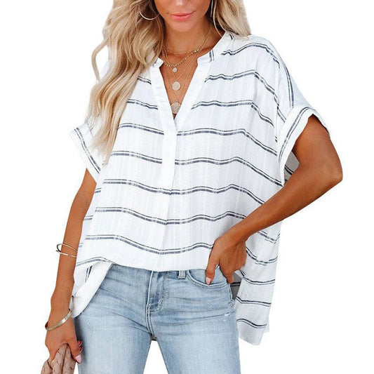 Casual Summer Short Sleeves Women Blouses-Shirts & Tops-Striped-S-Free Shipping at meselling99
