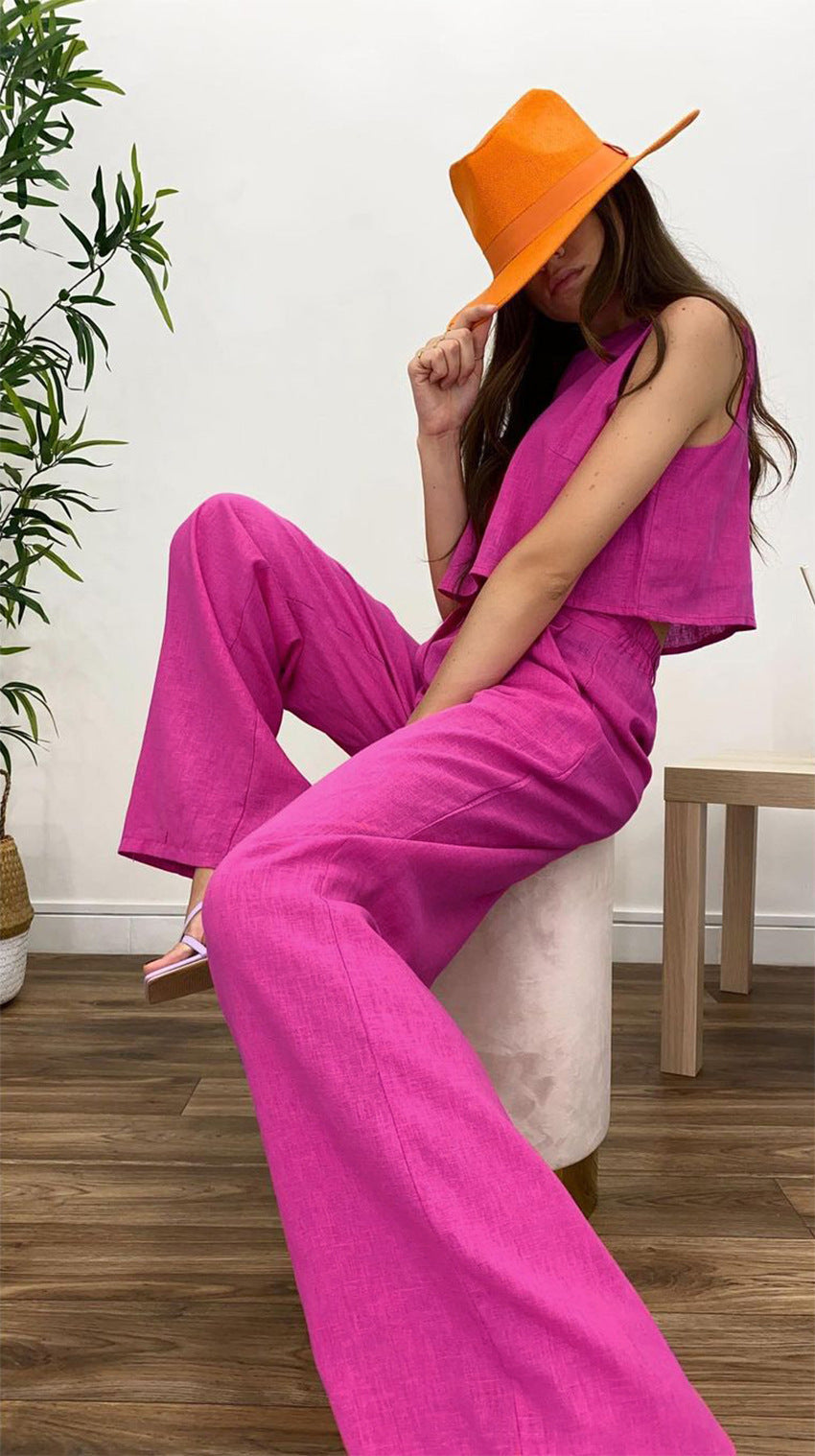 Casual Cotton Linen Sleeveless Tops & Wide Legs Pants-Suits-Free Shipping at meselling99