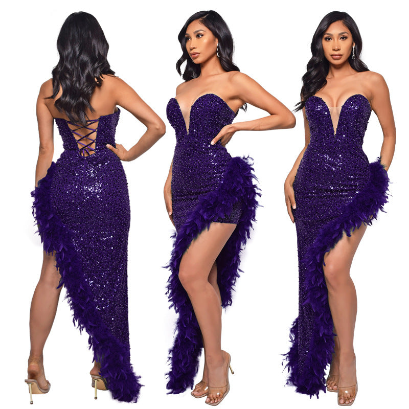 Gorgeous Strapless Sequined Feather Decoration Party Dresses-Dresses-Free Shipping at meselling99
