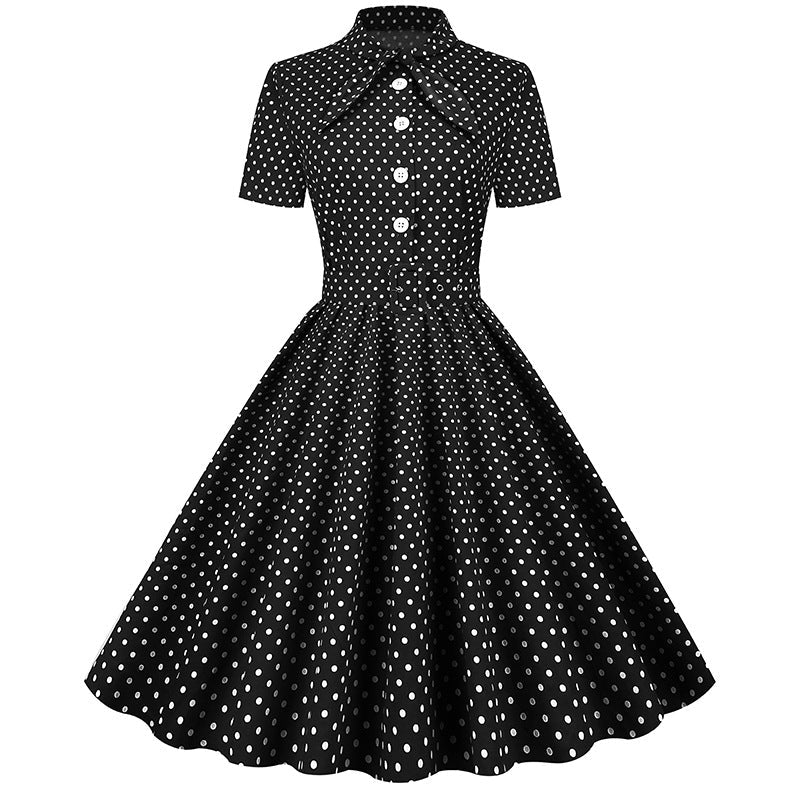 Vintage Polka Dot Short Sleeves Dresses-Dresses-Black-S-Free Shipping at meselling99
