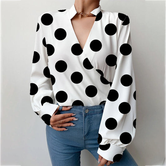 Women Dot Print Long Sleeves Blouses-The Same As Picture-S-Free Shipping at meselling99