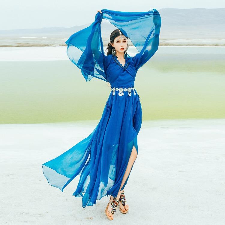 Ethnic bohemian blue beach holiday long dress 1005-Maxi Dresses-Dress+Belt-S-Free Shipping at meselling99
