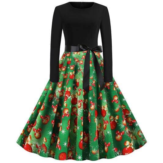 Green Christmas Vintage Long Sleeves Dresses-Vintage Dresses-Free Shipping at meselling99