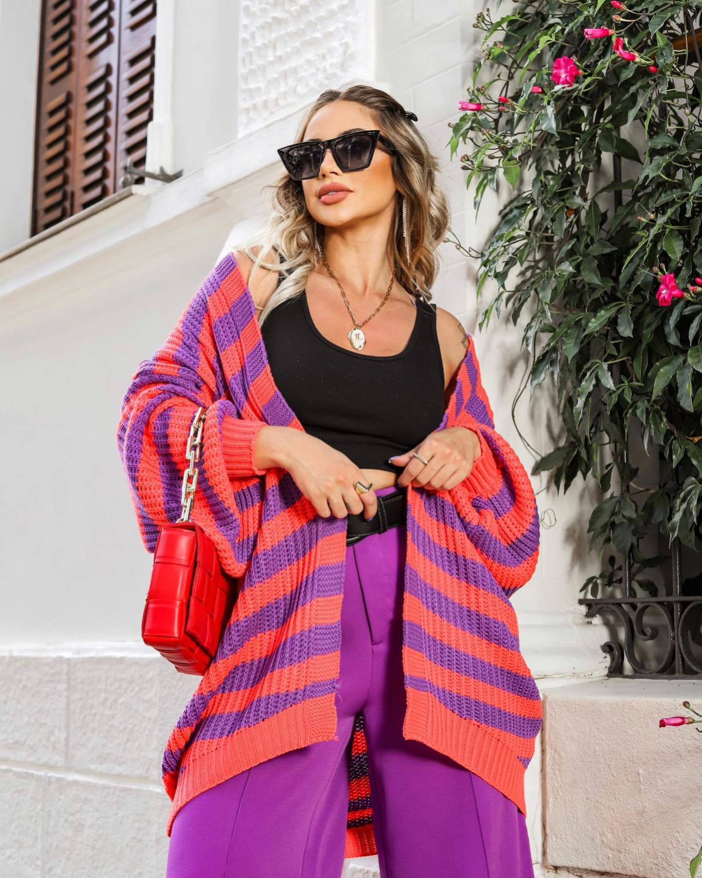 Women Striped Knitted Cardigan Sweaters-Shirts & Tops-Purple-S-Free Shipping at meselling99