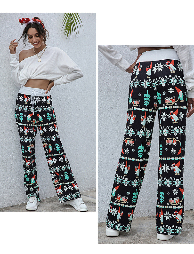 Casual Merry Christmas Wide Legs Pants for Women-Pants-Free Shipping at meselling99