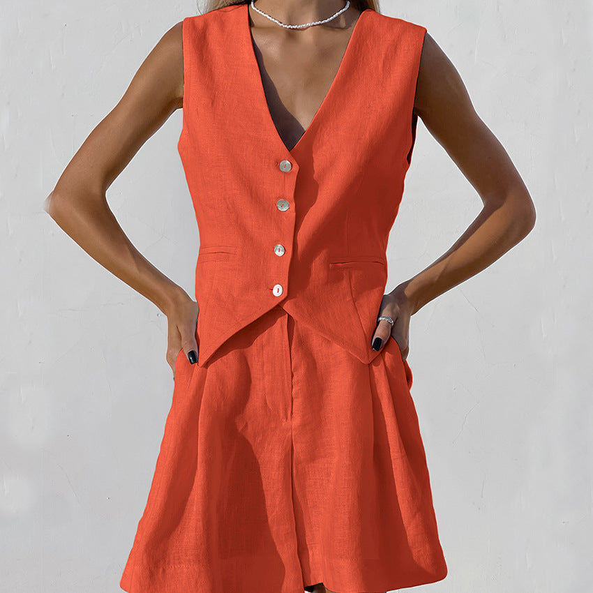 Designed Linen Cotton Summer Sleeveless Tops and Shorts Sets-Suits-Orange-S-Free Shipping at meselling99