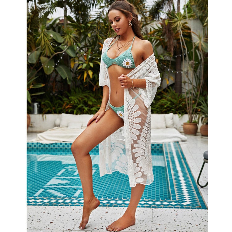 Sexy Lace See Through Cardigan Beach Cover Ups-Swimwear-White-One Size-Free Shipping at meselling99