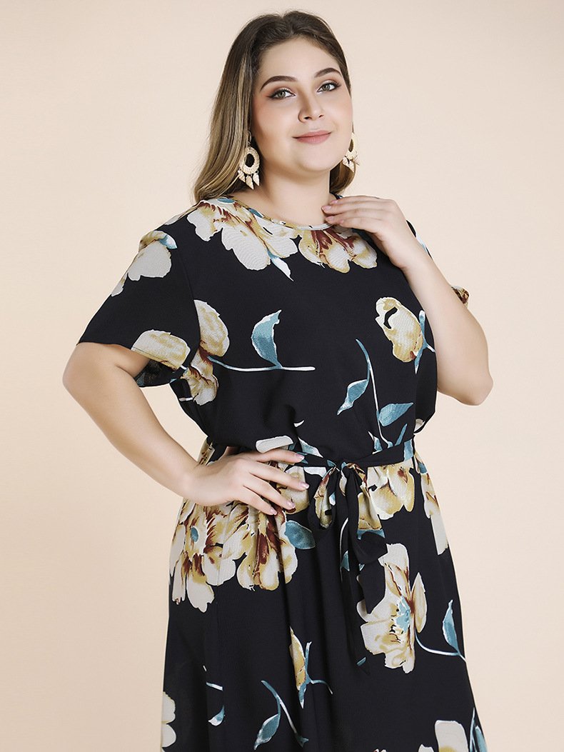 Women Plus Sizes Short Sleeves Foral Print Long Dresses-Plus Size Dresses-Free Shipping at meselling99