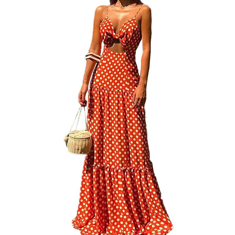 Summer Beach Bohemia Dot Print Red Long Maxi Dresses-Maxi Dresses-Free Shipping at meselling99