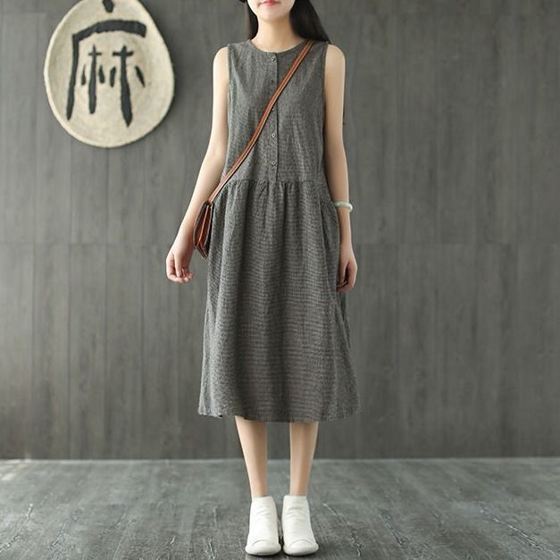 Vintage Sleeveless Linen Summer Midi Dresses-Dresses-Black-M-Free Shipping at meselling99