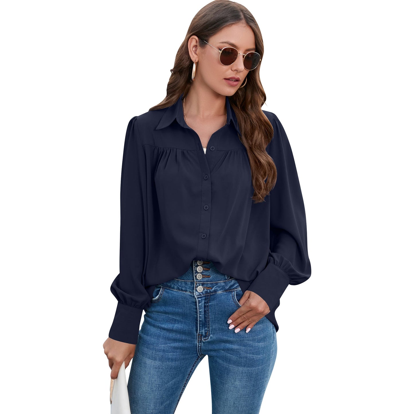 Casual Chiffon Long Sleeves Blouses for Women-Shirts & Tops-Navy Blue-S-Free Shipping at meselling99