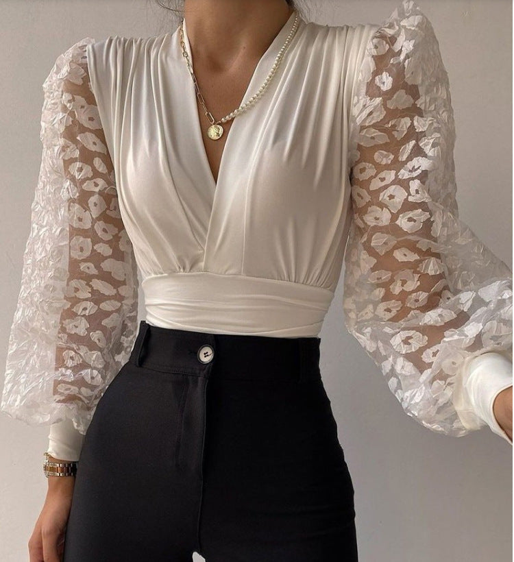 Casual Lace Women Top Blouses-Women Tops-White-S-Free Shipping at meselling99