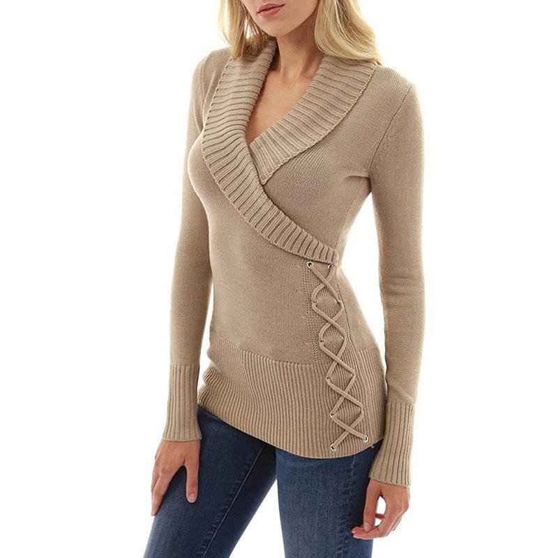 Fall/winter V Neck Khaki Tight Sweaters-Shirts & Tops-Khaki-M-Free Shipping at meselling99
