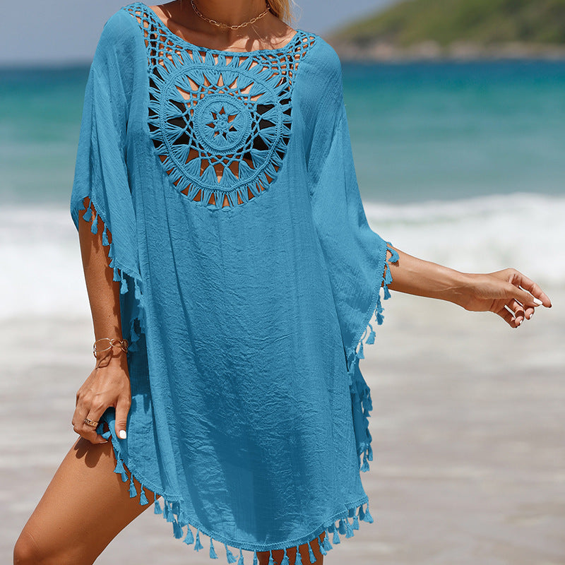 Summer Crochet Tassels Short Beach Cover Ups-Swimwear-Blue-One Size-Free Shipping at meselling99