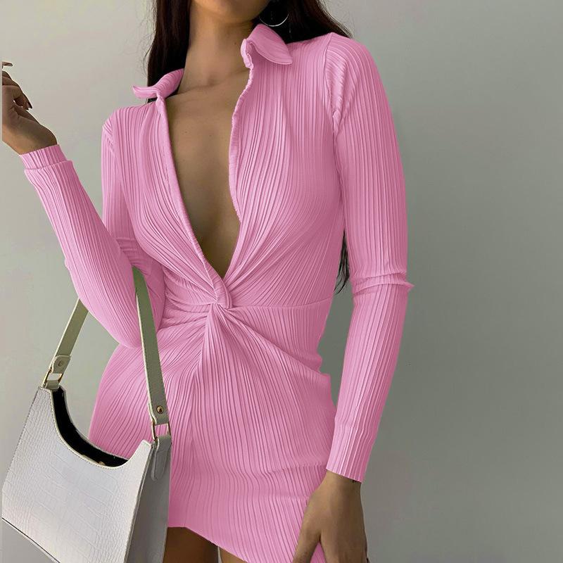 Sexy Polo Neckline Long Sleeves Mini Dresses-Dresses-Pink-S-Free Shipping at meselling99
